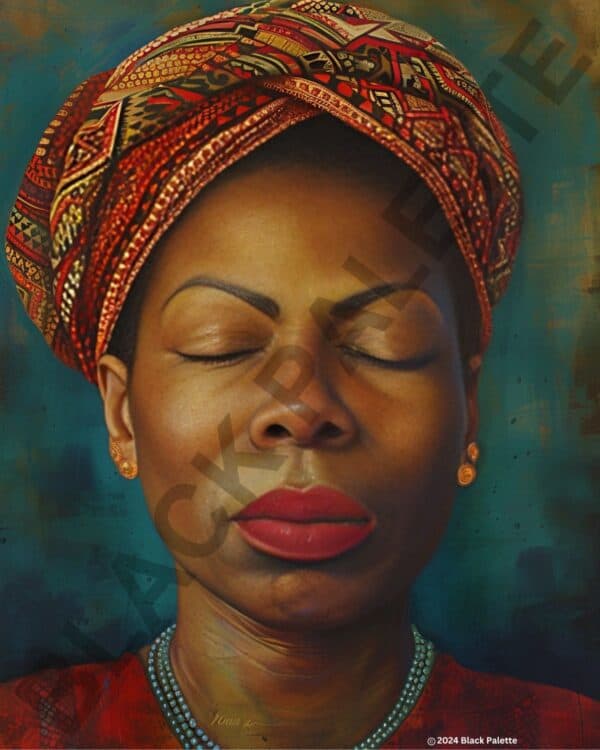 Maya Angelou depicted in contemplative serenity, adorned with a vibrant headwrap