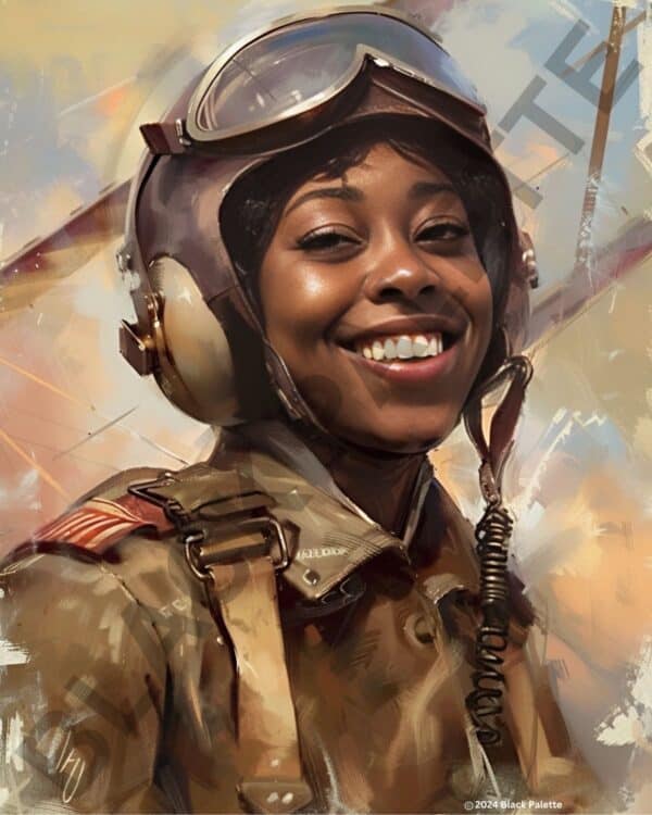 Bessie Coleman beams with joy, suited up as an aviator against a sky backdrop.