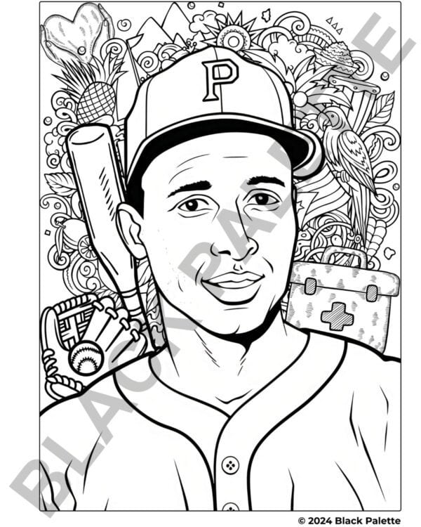 Roberto Clemente illustrated coloring page with baseball motifs and Puerto Rican cultural symbols, available at Black Palette Books