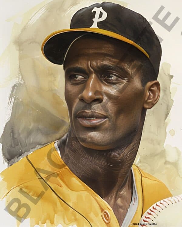 Artistic rendering of Roberto Clemente in his Pittsburgh Pirates baseball cap, gazing into the distance.