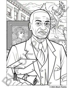 Alain LeRoy Locke coloring page highlighting his role in the Harlem Renaissance, surrounded by symbolic elements of rebirth and education