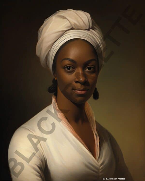 Stately oil painting of Phillis Wheatley in traditional attire, exuding grace and intellect.