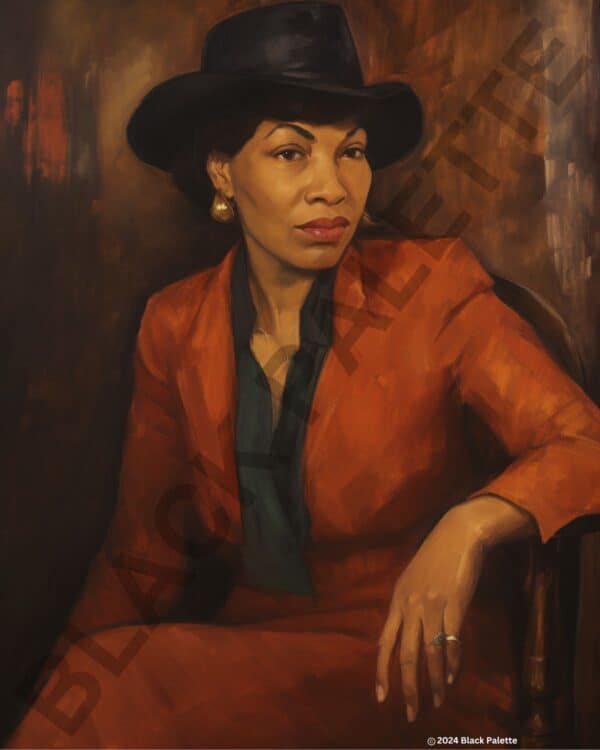 Oil painting of Zora Neale Hurston exuding confidence in a stylish hat and vibrant orange jacket.