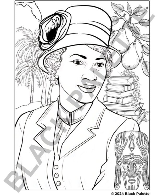 Coloring page of Zora Neale Hurston with an African mask and pear tree, highlighting her cultural and literary contributions.