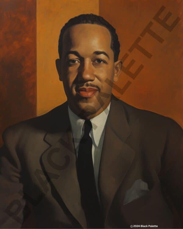 Portrait of Langston Hughes with a thoughtful expression, set against a warm amber background.