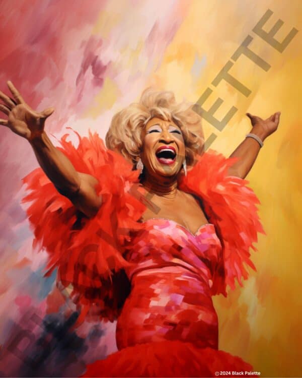 Vibrant portrait of Celia Cruz, the Queen of Salsa, with a dynamic expression.