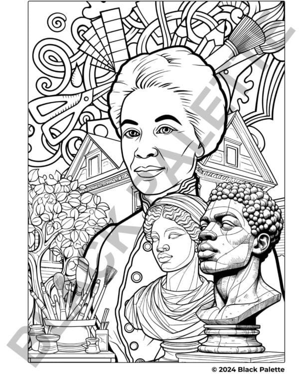 Line art coloring page featuring Augusta Savage with a sculpted bust and artistic tools.