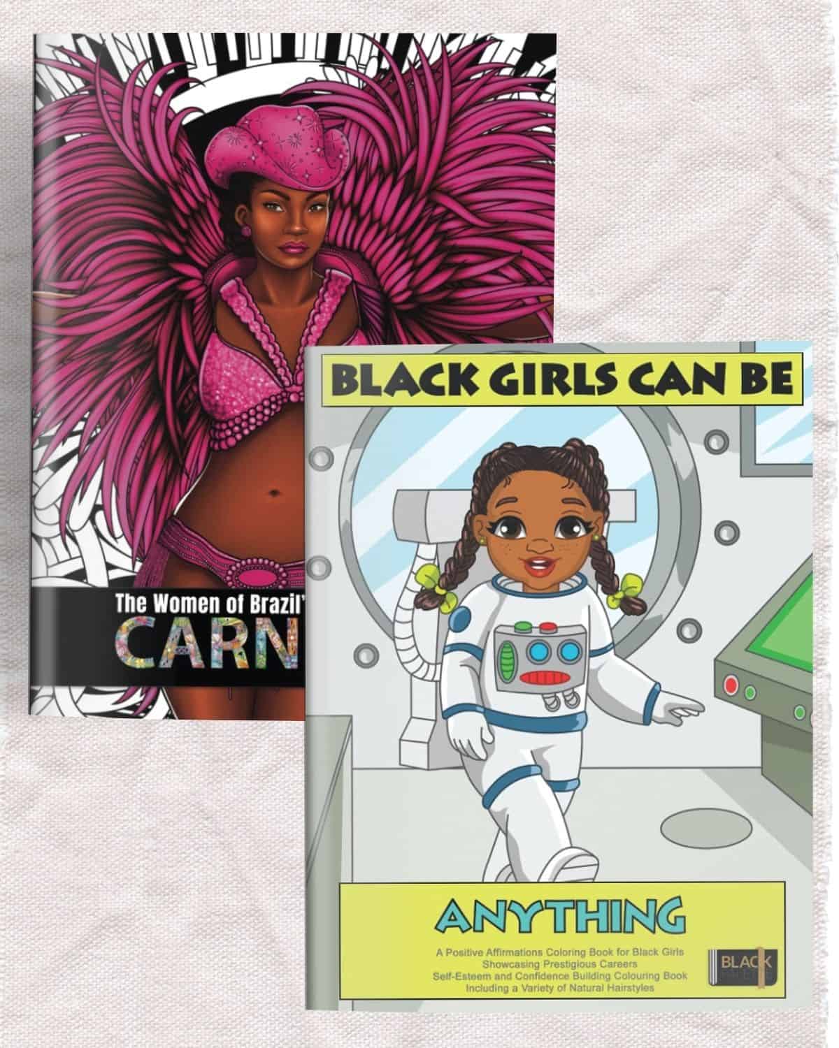 Diverse book covers by Black Palette Books featuring carnival attire and aspiring young astronaut, inviting exploration into the world of coloring.