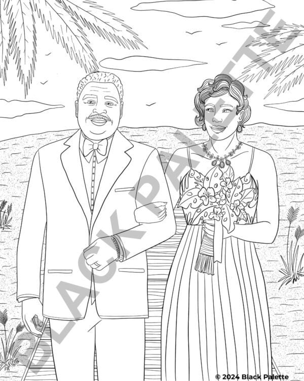 A coloring page from "Colour Black Love" featuring a bride and father figure standing together on a beach backdrop.