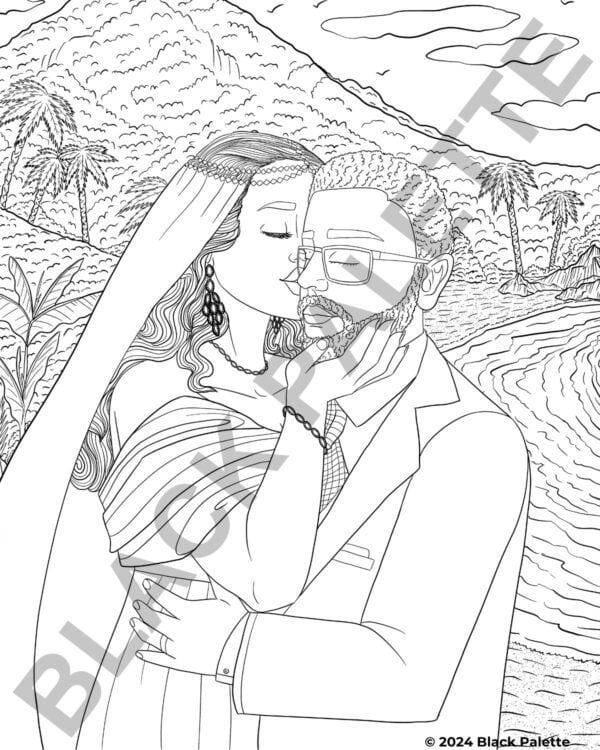 A coloring page from "Colour Black Love" showing an intimate moment of a bride and groom kissing.