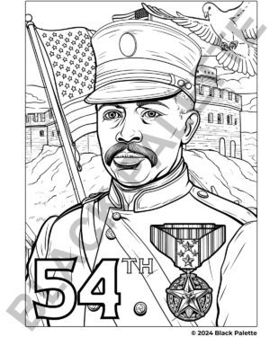 Coloring page of Sgt. William H. Carney with the American flag and Medal of Honor, symbolizing his heroic act during the Civil War.