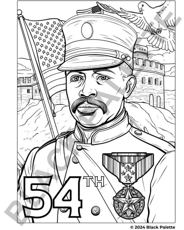 Coloring page of Sgt. William H. Carney with the American flag and Medal of Honor, symbolizing his heroic act during the Civil War.