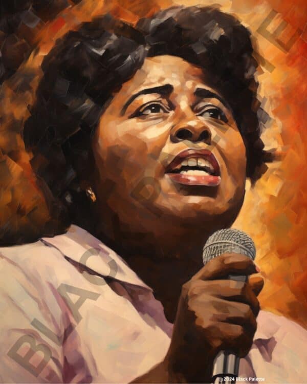 Fannie Lou Hamer speaking passionately into a microphone, a symbol of her powerful advocacy