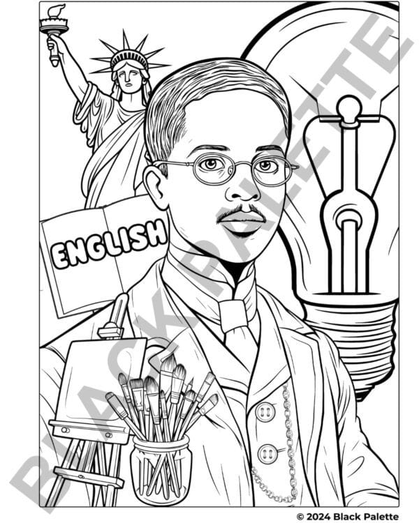 Lewis Latimer coloring page, with symbols of his inventions and his role as an English teacher to immigrants.