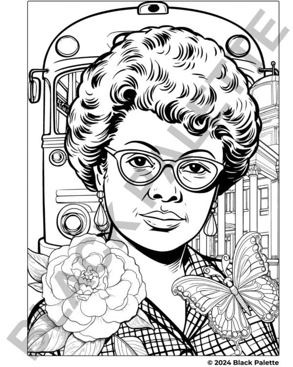 Claudette Colvin coloring page depicting the civil rights activist with Alabama's state flower and butterfly, a bus, and a courthouse