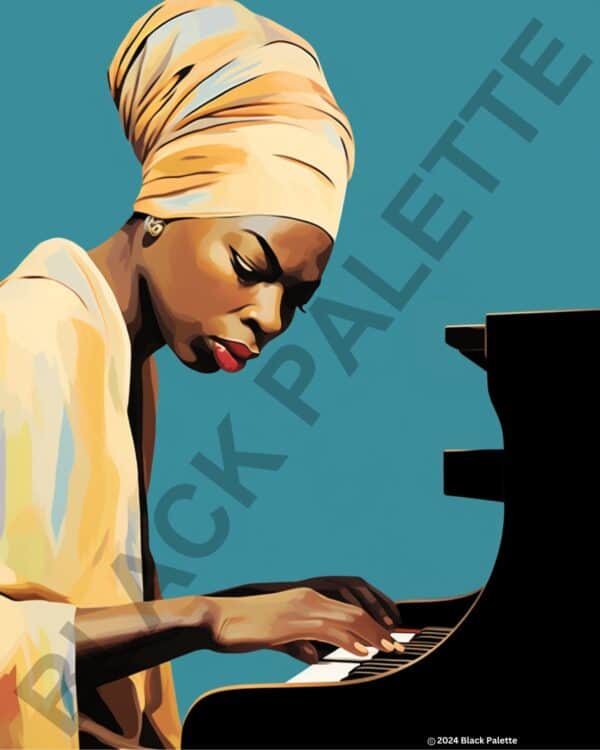 Nina Simone in deep concentration playing piano, showcasing her profound musical talent.