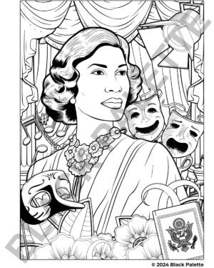 Marian Anderson coloring page featuring the Lincoln Memorial and symbols representing her operatic and civil rights legacy.