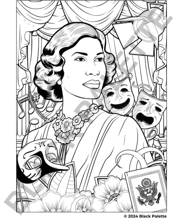 Marian Anderson coloring page featuring the Lincoln Memorial and symbols representing her operatic and civil rights legacy.