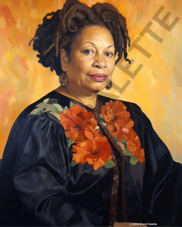 Toni Morrison with her signature dreadlocks and a bright floral blouse, exuding wisdom and warmth.