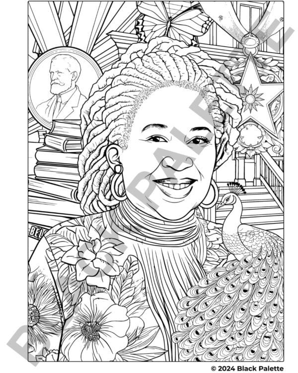 Toni Morrison coloring page, adorned with symbols of her literary achievements and heritage.