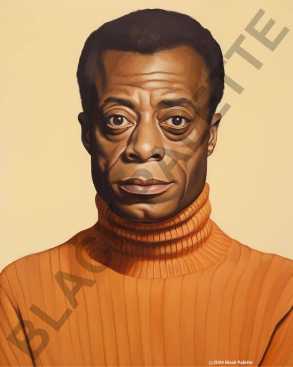 Oil painting of James Baldwin, reflective gaze captured amidst warm hues, embodying his literary and civil rights legacy.