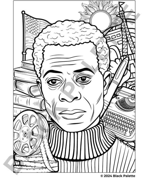 Coloring page featuring James Baldwin with symbols of his literary and civil rights legacy.