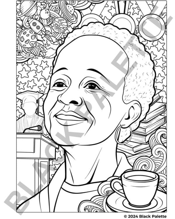 Inspired coloring page of Nikki Giovanni, intertwined with symbols of poetry, academia, and activism