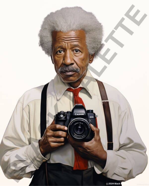 An artistic rendition inspired by Gordon Parks, capturing his profound presence and iconic camera.