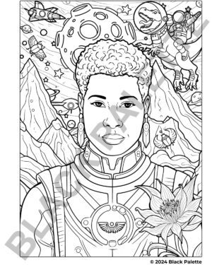 Octavia Butler inspired coloring page, blending elements of science fiction and natural wonder.