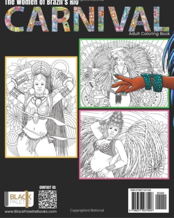 Back cover of "The Women of Brazil's Rio Carnival" coloring book, showcasing line art of women in Carnival attire.