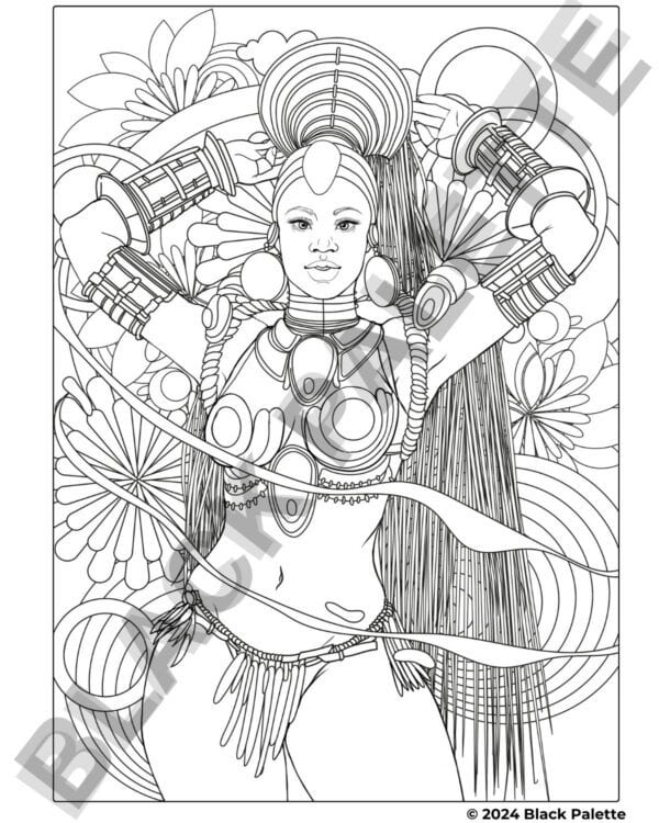 Line drawing from "The Women of Brazil's Rio Carnival" coloring book, featuring a woman adorned in elaborate Carnival attire.