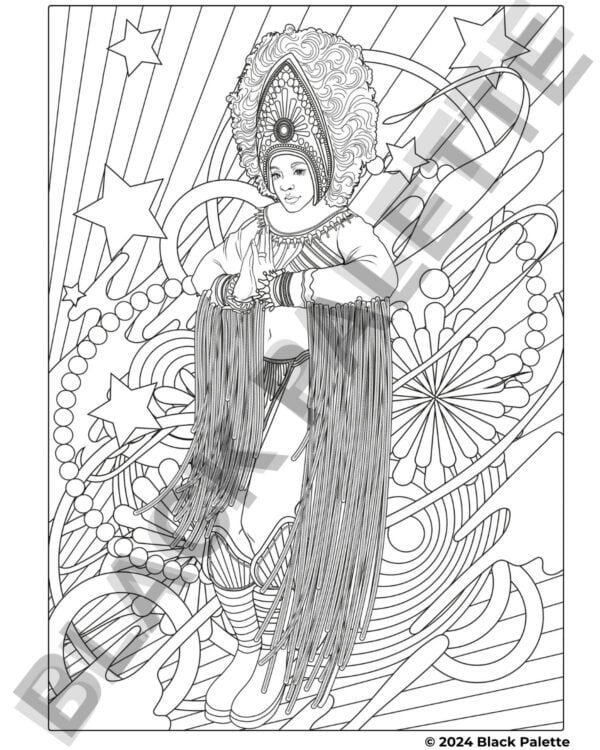 Coloring book page from "The Women of Brazil's Rio Carnival" featuring a woman in a traditional headpiece and costume.