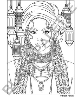 Coloring page of an Arab American woman in traditional attire with lanterns