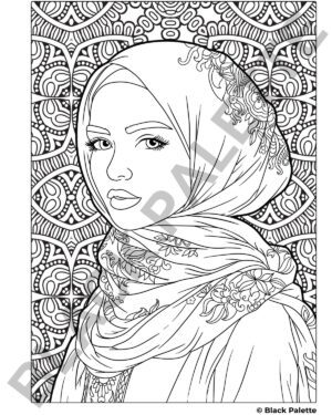 Arab American woman in hijab coloring page from Black Palette's Heritage Series.