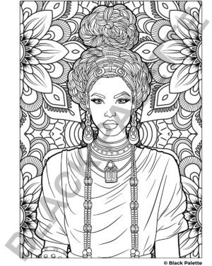 Coloring page featuring Arab American woman with traditional elements, part of Black Palette’s Heritage Series