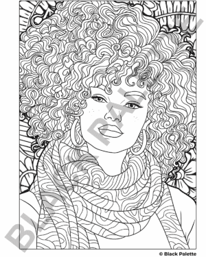 Afro Arab American woman with curly hair coloring page, embodying cultural pride and diversity