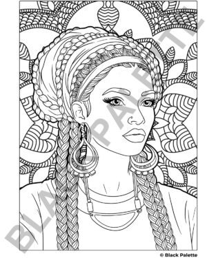 Seventh coloring page from Black Palette’s Heritage Series showcasing an Arab American woman amidst ornate botanical patterns.