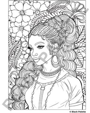 Arab American woman in serene pose, surrounded by nature, for a Black Palette Heritage Series coloring page