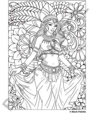 Coloring page of an Arab American woman in traditional dance attire, set against a floral pattern.